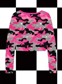 BiGraphic 粉色、迷彩、闪亮闪光效果、Y2K、运动、街头服饰、女式方领修身长袖 T 恤，适合秋冬季派对、聚会、度假、休闲装 粉色迷彩短款上衣 闪光迷彩上衣 闪亮迷彩上衣 Y2k 迷彩上衣 迷彩长袖短款上衣 - 彩色 - 查看 3