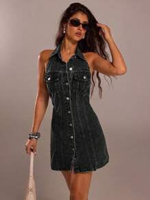 SHEIN Forever 21 女式休闲水洗纽扣前挂脖露背牛仔连衣裙，夏季 - 黑色 - 查看 7
