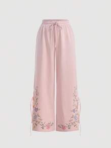 SHEIN MOD Pantalones de pierna ancha con lazo floral rosa para mujer, ideales para verano, vacaciones y playa con estilo vintage - Rosa - Ver 1
