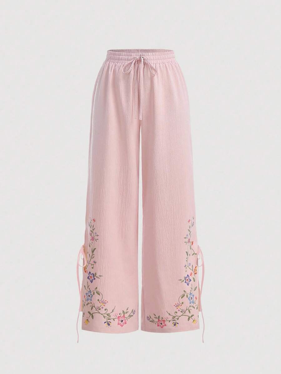 SHEIN MOD Pantalones de pierna ancha con lazo floral rosa para mujer, ideales para verano, vacaciones y playa con estilo vintage - Rosa - Ver 1