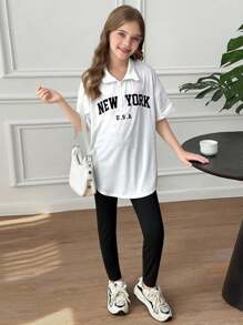 SHEIN Ensemble de 2 pièces pour jeune fille, style streetwear, t-shirt demi-zip avec col et legging noir unicolore, pour le port casual quotidien - Blanc - Voir 7