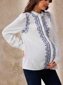 Boho Mama Damen elegante Bluse mit Blume Muster und Puffärmeln, Einzelreiher, Bohemien Vintage Muster, weiße Langarmbluse, Boho Stil Damen Bluse, Langarmbluse, Herbst Damen Bluse - Blau-Weiß - Übersicht 1