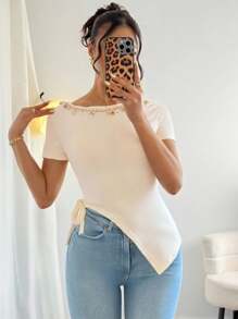 Chiquease T-shirt tricoté avec garniture de col frangée, ornement de ruban de coquillage - Nude - Voir 4