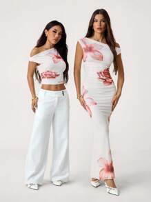 SHEIN PETITE Floral Print Ruffle Asymmetric Collar Cropped Sleeveless T-Shirt - White - View 3