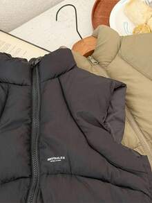 SHEIN 年轻女孩宽松休闲纯色字母印花百搭百搭棉衣背心秋冬款羽绒背心 - 黑色 - 查看 5