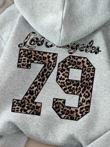Tween Girl' Casual Fashionable Grey 79 Leopard Print & Letter Slogan Graphic Drawstring Sweatshirt Leopard Print Sweatshirt Grey Sweatshirt Tween Girl Sweatshirt Teen Sweatshirt Y2k Sweatshirt Fall Winter - Light Grey - View 5