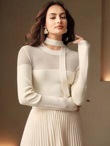 Anewsta Áo len chắp vá mềm mại, nhẹ và trong suốt, phong cách Pháp, thanh lịch, giản dị, mùa thu/đông - trắng - Xem 1