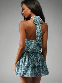 MISSGUIDED Snake Print Halter Neck Mini Dress Tiered Ruffle Summer Spring Party Festival Holiday Resort Sleeveless Backless Elastic Waist Design - Blue - View 2