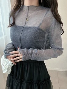 FRIFUL Women's Casual Slim Fit Sheer Mesh Layered High Neck Long Sleeve Blouse With Ruched Cuffs, Versatile For Autumn - Grey - View 6