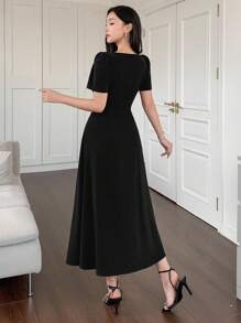 DAZY Women Elegant Commuter Color Block Patchwork Dress - Black and White - View 2