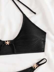 SHEIN Bộ bikini gợi cảm buộc dây màu trơn đi biển mùa hè cho nữ, có trang trí sao biển bằng kim loại - màu đen - Xem 3