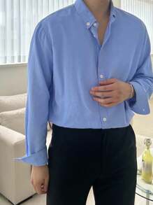 DAZY Men's Blue Textured Fabric Shirt, Suitable For Spring And Autumn Long Sleeve Men Shirt, Fall Buisness Attire
