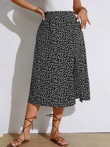 SHEIN PETITE Plus Size Ditsy Floral Slit Hem Elegant Skirt - Multicolor - View 6