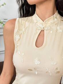 EastFlair Đầm dài không tay cổ vuông thêu hoa cho nữ, phong cách Trung Hoa thanh lịch - Màu be - Xem 5