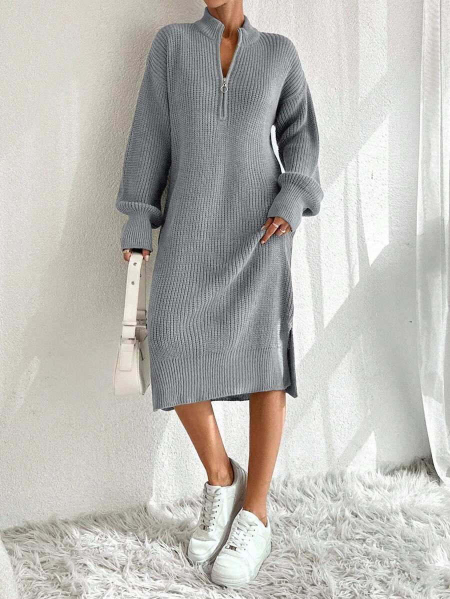 EURMUSE Women Knit Sweater Dress With Zipper Detail,Petite - Light Grey - View 1
