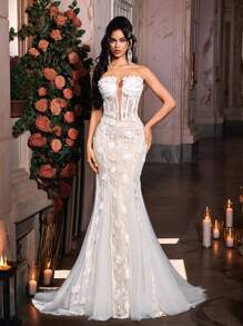 Glamrae 优雅白色紧身胸衣深 V 领花卉缎面镶嵌蕾丝网覆盖鱼尾长拖尾，适合晚会、婚礼、新娘礼服 - 白色 - 查看 1