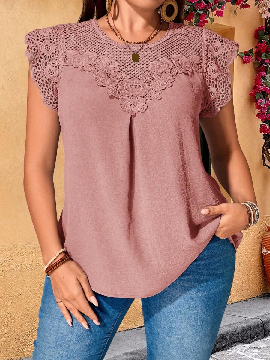 EMERY ROSE Plus Size Women Water-Soluble Lace Tunic Tops Dressy Blouses , Vacation Summer,Holiday Outfits For Women