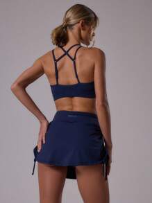 Musera Sport Sport Layered Double Strap Plunge Fitted Seamless Sculpt Sports Bra Active Gym Workout Summer Padel Club Gym Fitness - Royal Blue - View 5
