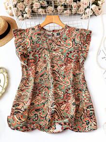 EMERY ROSE Áo cánh rộng tay bồng cổ tròn xếp nếp họa tiết hoa cỡ lớn dành cho nữ, thanh lịch khi mặc đi nghỉ và mặc hàng ngày, mùa hè - Màu Khaki - Xem 1