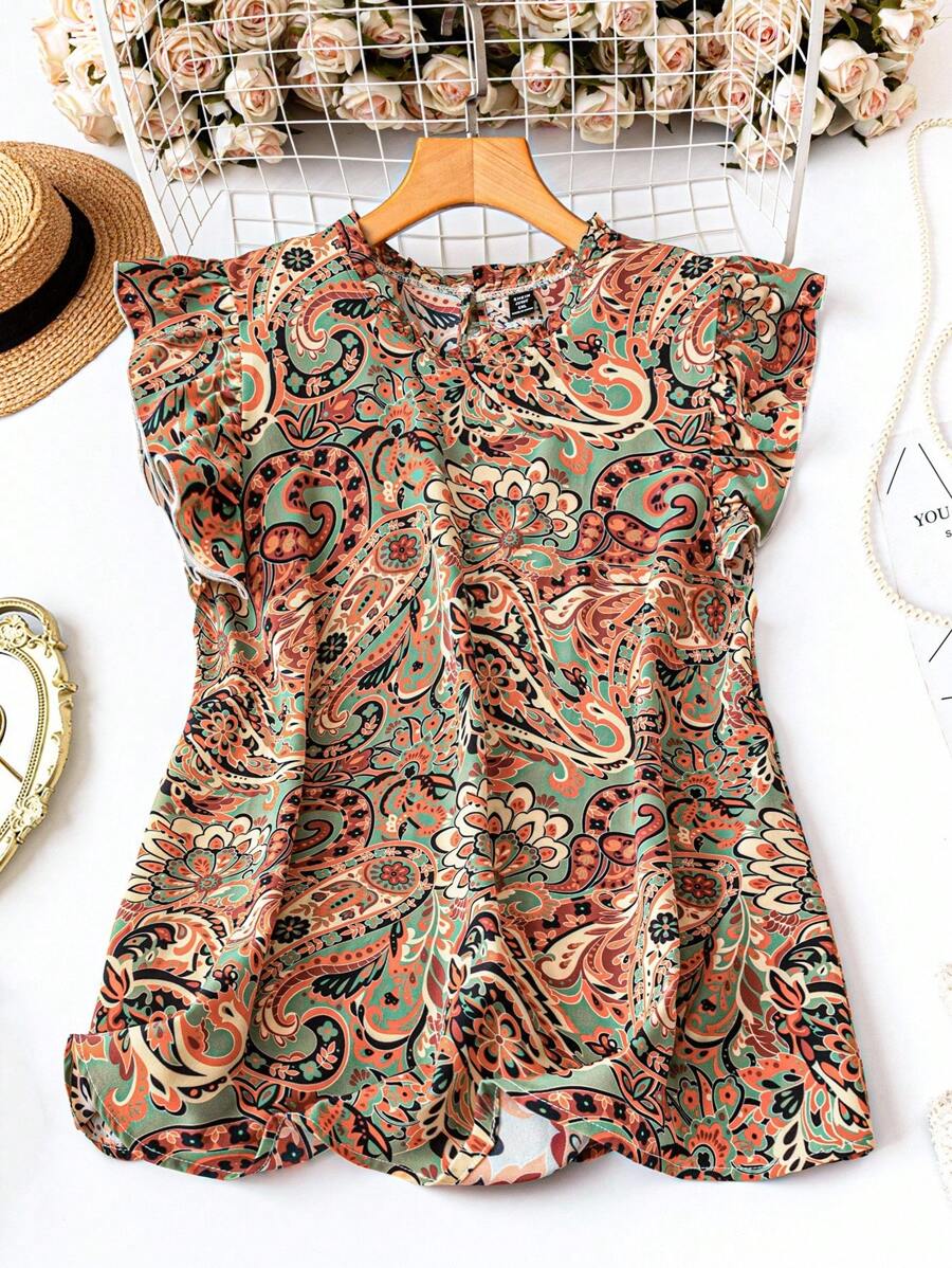 EMERY ROSE Áo cánh rộng tay bồng cổ tròn xếp nếp họa tiết hoa cỡ lớn dành cho nữ, thanh lịch khi mặc đi nghỉ và mặc hàng ngày, mùa hè - Màu Khaki - Xem 1