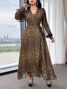 Modelyn Đầm thanh lịch buộc dây phía trước họa tiết da báo cho nữ tay đèn lồng - màu nâu - Xem 4