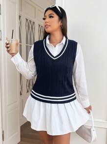 SHEIN EZwear Plus Size Casual College Style Patchwork Striped Trim Sweater Vest,Back To School In Fall/Winter - Navy Blue - View 6