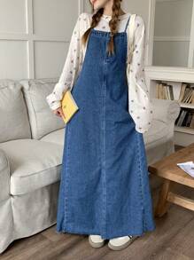 SHEIN 青少年女孩休闲优雅纯色纽扣前牛仔长裙（不含 T 恤），优雅款式，宽松中长款翻领衬衫裙，适合日常旅行、户外、居家、早午餐、茶会、通勤、机场穿着、教师衬衫裙、女孩秋季服装、儿童返校服装、返校节朴素连衣裙