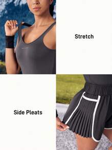 SHEIN Sports 女式休闲户外无袖连体裤，带标语印花和褶皱设计 - 灰色 - 查看 3