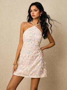 Poéselle Robe mini d'été à la mode avec col ras-du-cou et perles