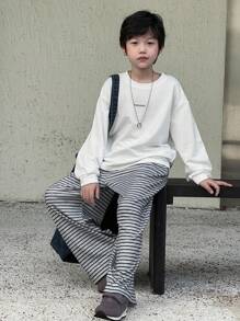 Dazy Kids 2pcs Kids Fall Outfit, Toddler Boys Loose Casual Striped Letter Print T-Shirt And Straight Leg Sweatpants Set - White - View 4