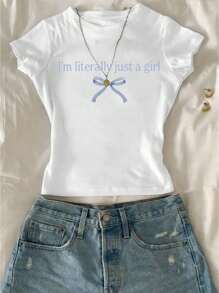 Camiseta de manga corta con lazo y patrón de letras para niña adolescente, diseño lindo, adecuada para primavera y verano