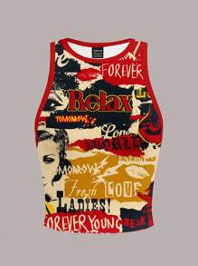 Slaydiva 2025 春夏休闲复古海报印花贴身圆领女式背心，适合大码夏季休闲装