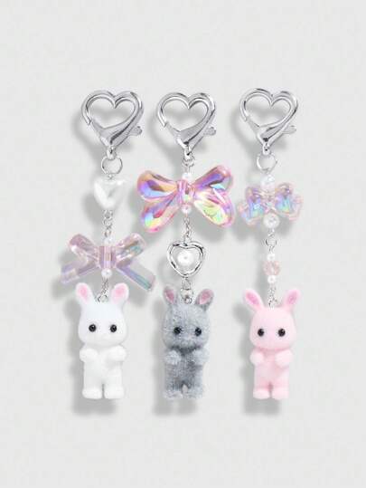 Kawaii Set da 3 portachiavi: fiocco rosa traslucido, perla finta bianca, coniglietto grigio/bianco/rosa in velluto floccato, accessorio di moda e delicato, adatto per abbigliamento quotidiano e vacanze di San Valentino delle donne