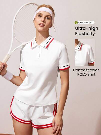 CourtClass Casual Versatile Contrast Color Yoga Sports Polo Shirt, Women's Polo Shirt, Golf Polo, Women's Golf Top,S Women's Tennis Clothes