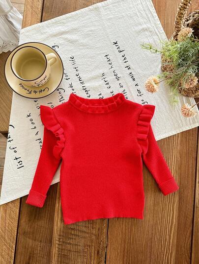 SHEIN LMoss Kids LMoss Baby Girl Autumn/Winter Cute Solid Color Simple Ruffled Hem Long Sleeve Sweater Baby Girl Long Sleeve Top Toddler Girl Long Sleeve Shirt Red Toddler Girl Top Toddler Ruffle Shirt Baby Girl Red Shirt Toddler Red Top Baby Girl Red Top Fall