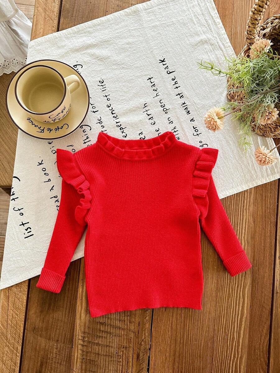 SHEIN LMoss Kids LMoss 女婴秋冬可爱纯色简约荷叶边长袖毛衣 女婴长袖上衣 女婴长袖衬衫 红色女婴上衣 荷叶边衬衫 女婴红色衬衫 红色上衣 女婴红色上衣 秋季 - 紅色 - 查看 1