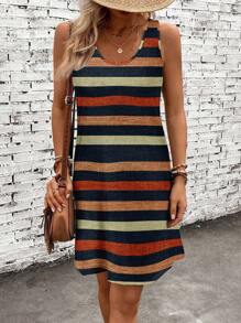 EMERY ROSE 女士休闲简约抽象彩色条纹印花连衣裙，适合夏季度假 - 彩色 - 查看 5