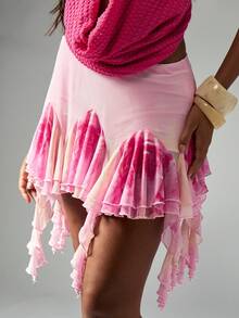 MISSGUIDED Ruffled High Waist Mini Skirt With Dramatic Pink Tie Dye Print And Waterfall Hem Detail Festival Concert Party Beachwear Statement Fashion Summer Evening - Multicolor - View 1