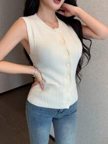 Celisse Damen elegante einfarbige gestrickte Ärmellosen Pullover Weste, vielseitig für Frühling/Sommer - Beige - Übersicht 6