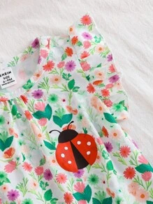 SHEIN Vintaside Kids 女婴三件套昆虫印花连体衣，荷叶边短袖和褶皱下摆，可爱夏季服装 - 彩色 - 查看 5