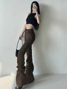 DAZY Pantalones casuales de mujer de unicolor con bolsillos y vuelo plisado - Marrón - Ver 7