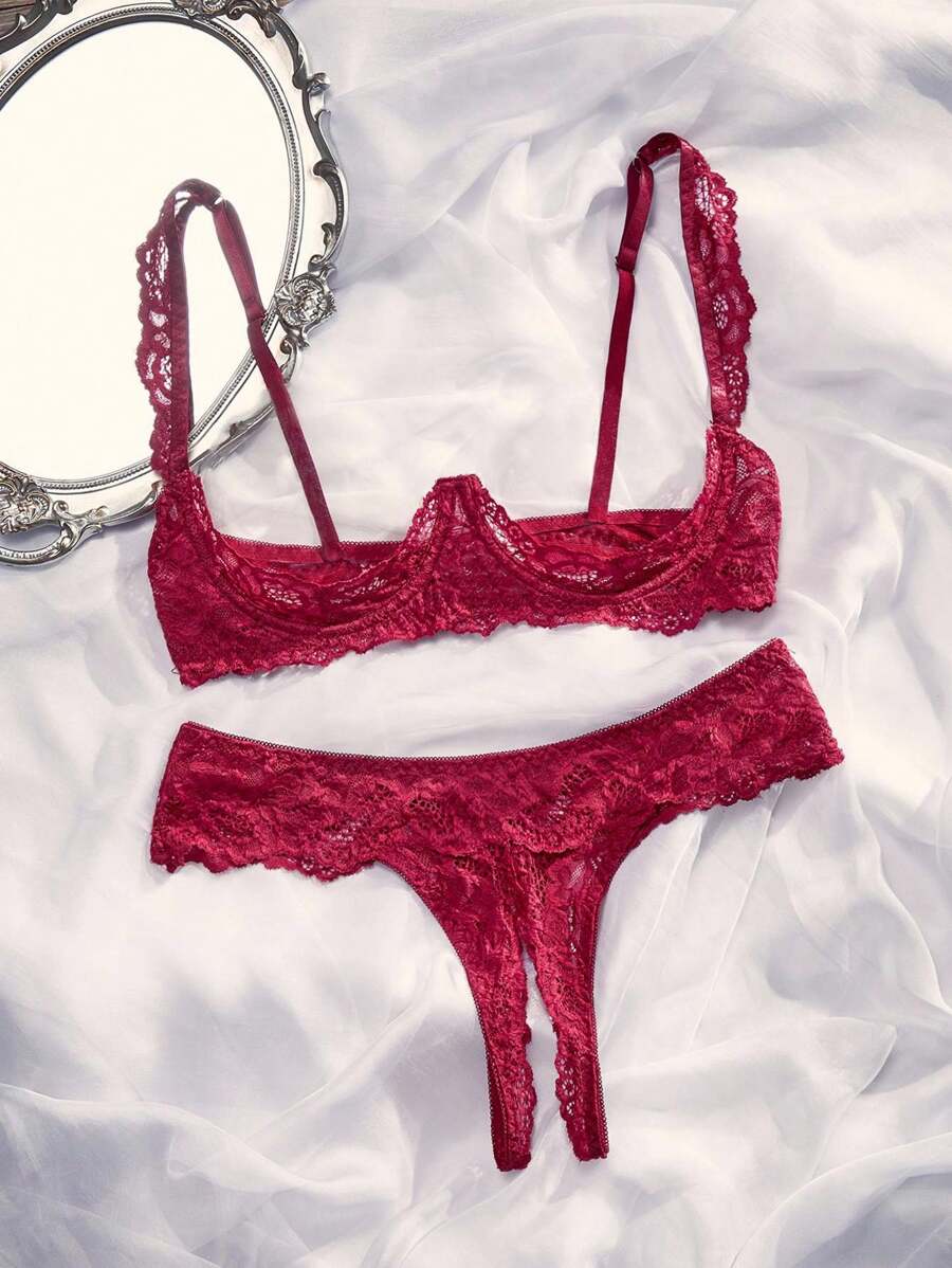 SpicyHot 女士蕾丝性感内衣套装（2 件，带钢圈）蕾丝内衣套装红色内衣套装蕾丝丁字裤套装胸罩和内裤，外出