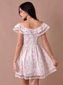 Enchnt Summer Romantic Women's Apricot Floral Hollow Embroidered&Print Lace Off-Shoulder Sleeveless Cute Princess Mini Dress - Multicolor - View 7