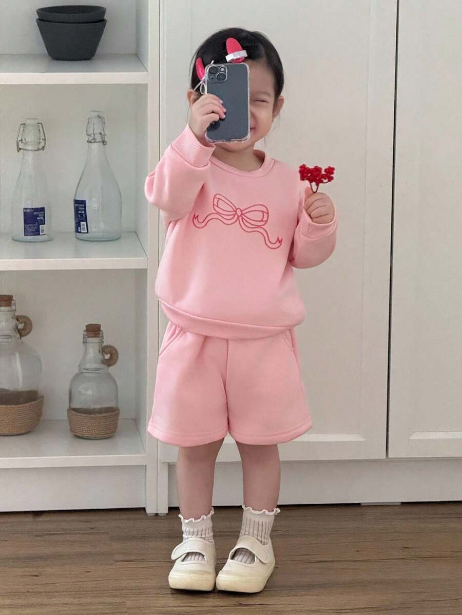 SHEIN Newborn Baby Girl 0-3Y Casual Cute Everyday Versatile Bow Embroidery Long Sleeve Fleece Sweatshirt + Shorts 2 Pieces Set Fall Winter - Pink - View 1