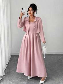 Elenzga Conjunto de dos piezas elegante y femenino de talla grande, chaqueta de manga larga + vestido largo, versátil para graduación, vacaciones, San Valentín, festival de música, Día de la Madre, Halloween, Acción de Gracias, Pascua, Día Nacional, baile de graduación, cita, fiesta, temporada de bodas, actividades al aire libre
