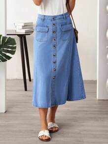 EMERY ROSE Chân váy denim đơn hàng túi hộp thường ngày cho nữ - Màu xanh lam - Xem 3