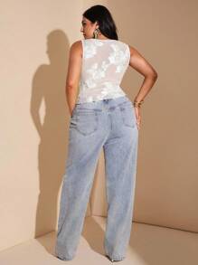 SHEIN BAE Blusa sin mangas con escote en V y ribete de encaje, elegante y sexy, para mujer de talla grande. Adecuada para vacaciones, citas diarias, salidas nocturnas, discotecas, fiestas, fiestas en la piscina, vacaciones casuales, y uso en la playa.