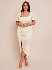 SHEIN BAE 大码女式绿色雪纺褶饰高开衩无袖连衣裙，短袖连衣裙，春夏