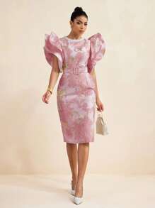 TIYA Elegant Jacquard Faux Pearl Neck Big Flared Sleeve Short Dress With Waist Belt Women Summer Party - Pink - View 4