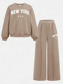 SHEIN Girlism Tween Girl Casual Everyday Round Neck New York Letter Print Sweatshirt And Straight Leg Pants Set New York Outfits Teen Sweat Set 2 Piece Set Teen Sweatpants Set Sweat Sets Tweens Comfy Fall Winter